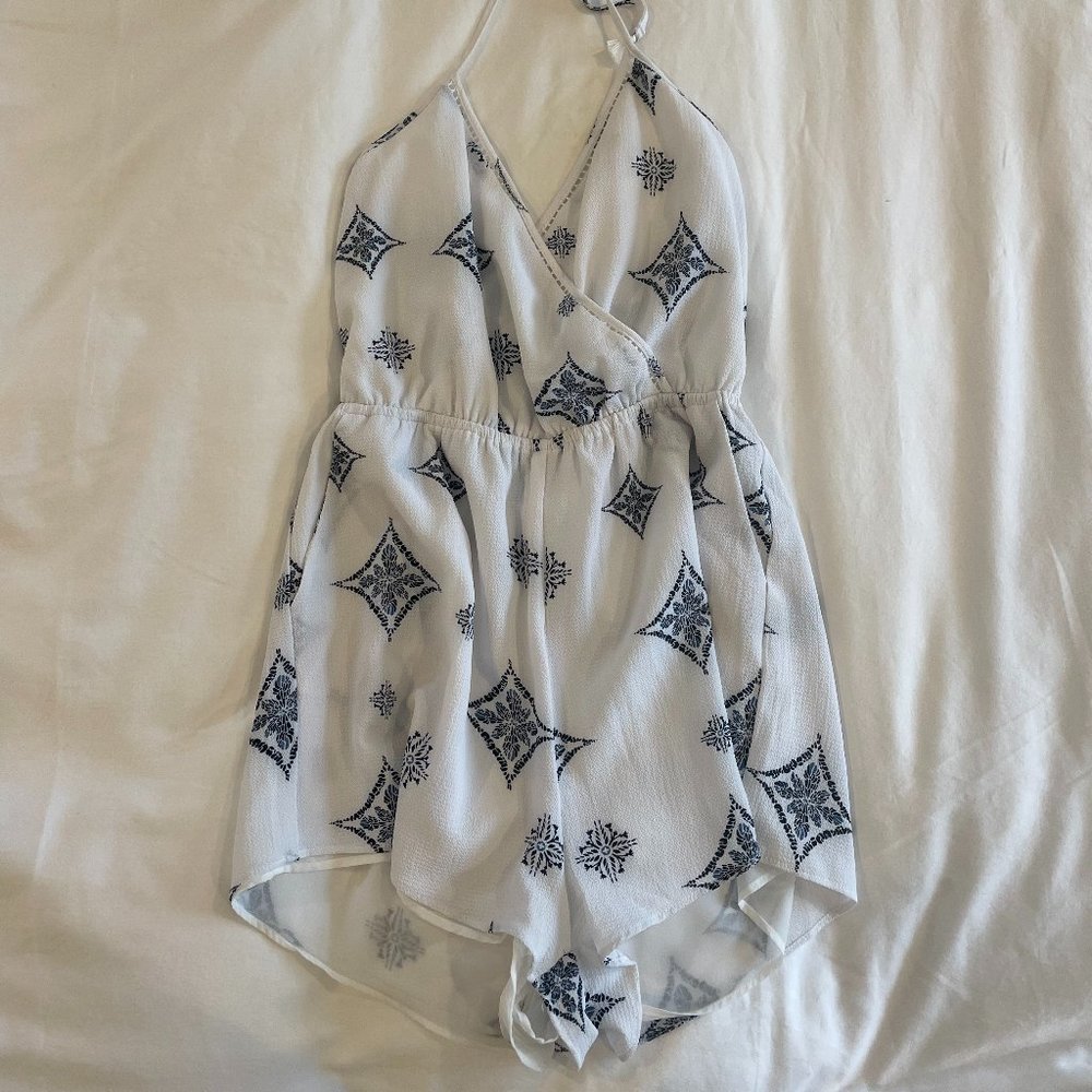 Aqua Blue and White Halter Top Romper